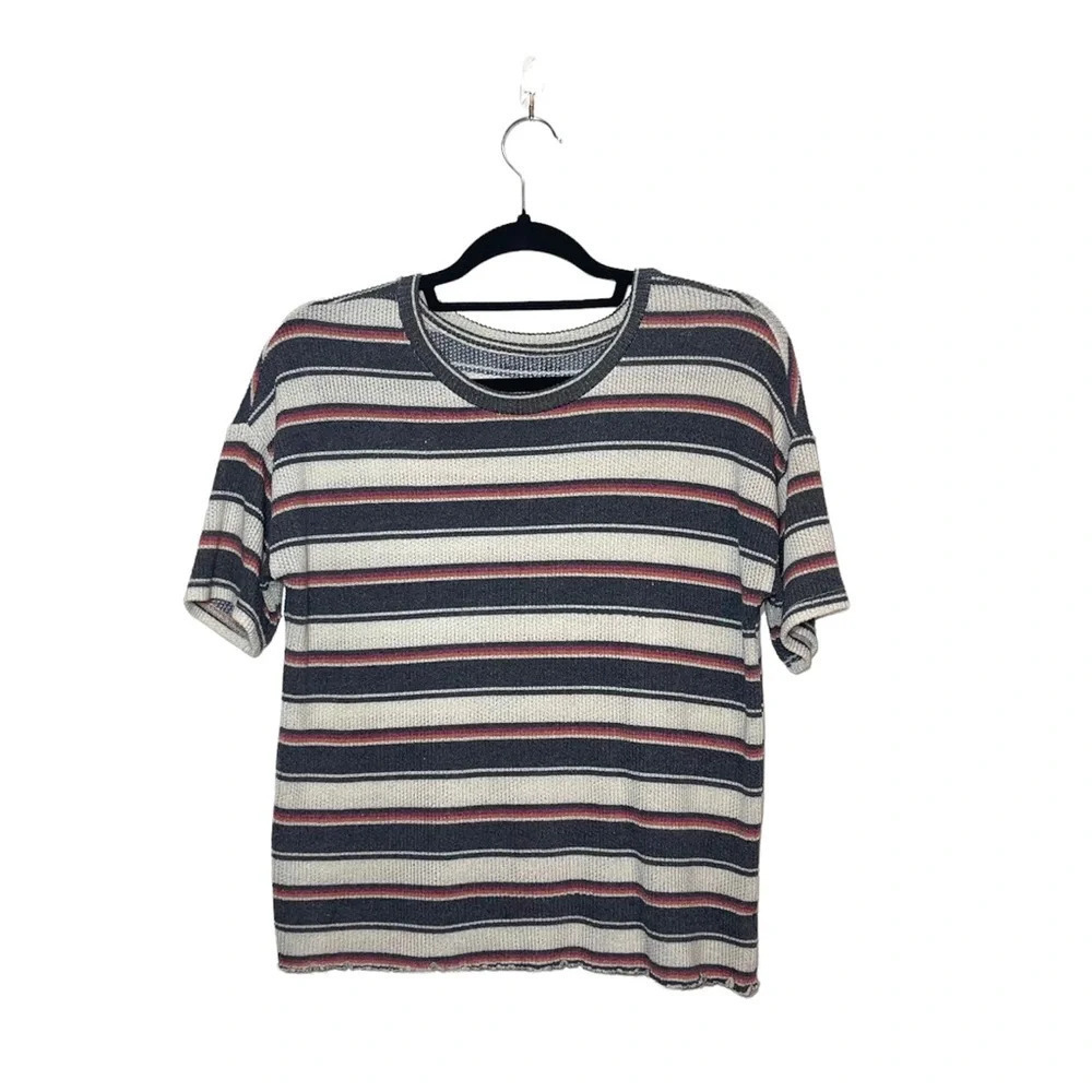 American Eagle Cream & Olive Green Stripe Knit Short Sleeve Top Medium Women’s